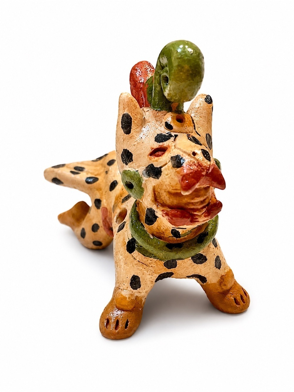 Rare Vintage Aztec Mayan Clay Jaguar Man Ocarina Flute Spotted Animal Figurine